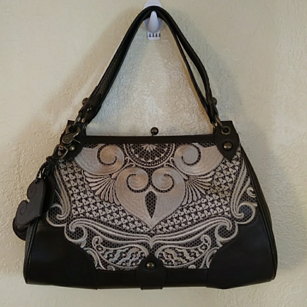 Isabella Fiore Brown Leather Frame Embroidered Bag